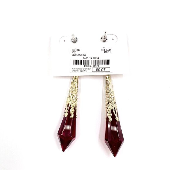 NWT – Charming Charlie – Red Jeweled Drop Glass Dangle Gold Tone 3.5” Earrings - Picture 8 of 8